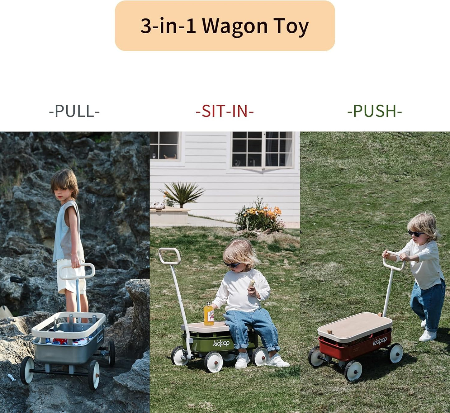 kidpop PULA-Wild 3-in-1 Kids' Pull-Along Wagon Toddlers Push Walker for 2.5-8, Removable Wooden Cover and Adjustable Handlebar, Birthday Gifts Max Weight 33 lbs (White)
