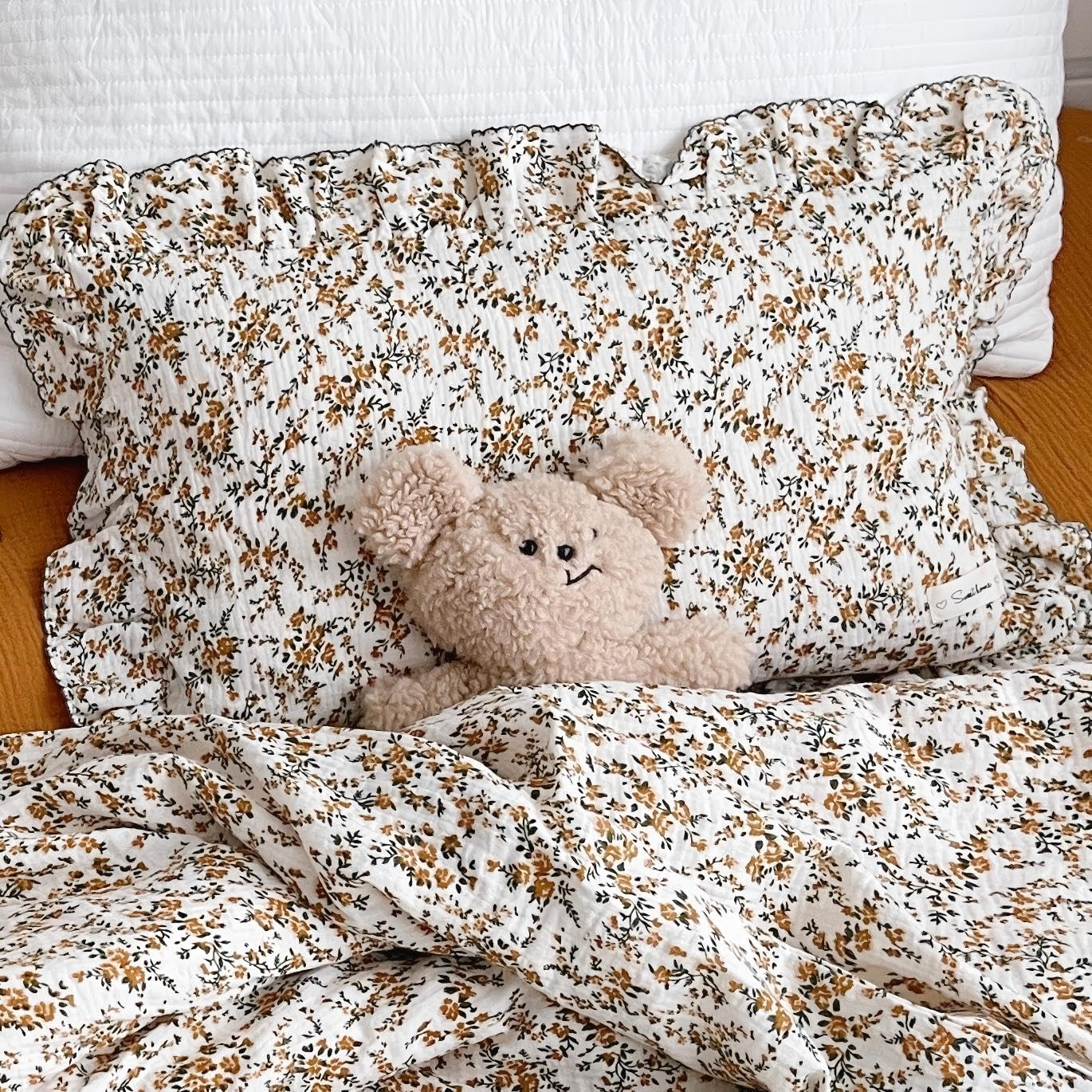 BuLuTu Cotton Muslin Ruffle Edge with Hibiscus Flowers Kids Toddler Pillowcase Soft Travel Pillow Nursery Pillowcase for Boys,Girls,Bedding Decor Machine Washable, Durable Pillowcase,1 Piece,Standard