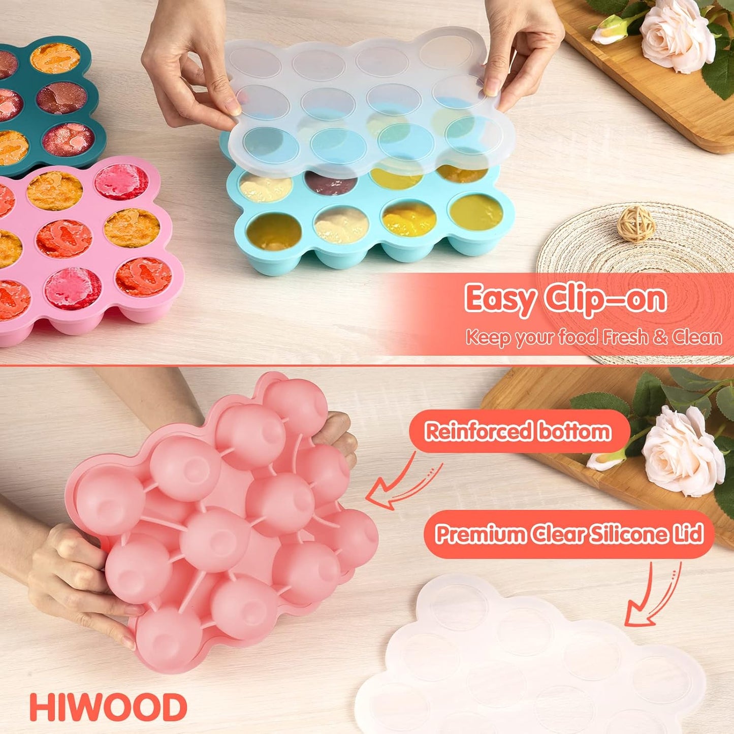 Baby Food Storage Container - 12 x 1.5oz Silicone Baby Food Freezer Tray with Silicone Lid, Perfect for Homemade Purees, Vegetables & Fruits - Gossamer Pink