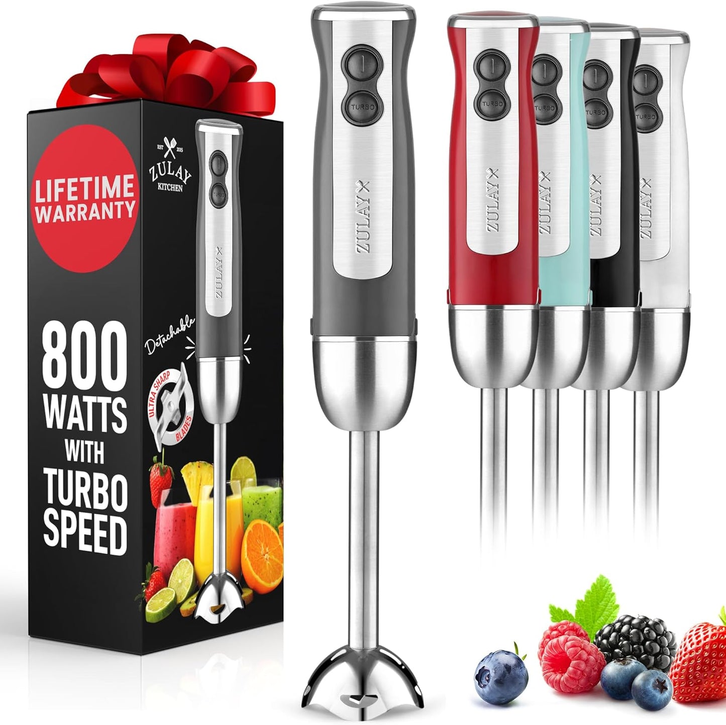 Zulay Immersion Stick Mixer Hand Blender - 800 Watts, Turbo Mode, 5-ft Power Electric Cord, Handheld Portable, Stainless Steel Blades - For Effortless Blending Smoothie, Soup, Baby Food, Puree - Gray