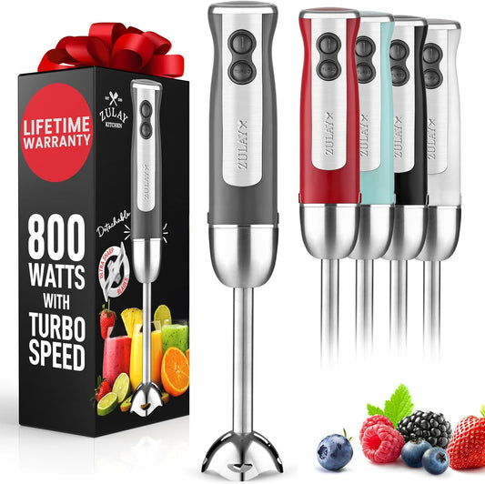 Zulay Immersion Stick Mixer Hand Blender - 800 Watts, Turbo Mode, 5-ft Power Electric Cord, Handheld Portable, Stainless Steel Blades - For Effortless Blending Smoothie, Soup, Baby Food, Puree - Gray