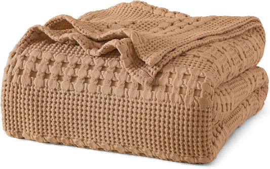 PHF 100% Cotton Waffle Weave Blanket Queen Size, Soft Lightweight Breathable Cozy Summer Blankets for Bed, Luxury Aesthetic Woven Bedding for Home Decor, 90"x90", Camel