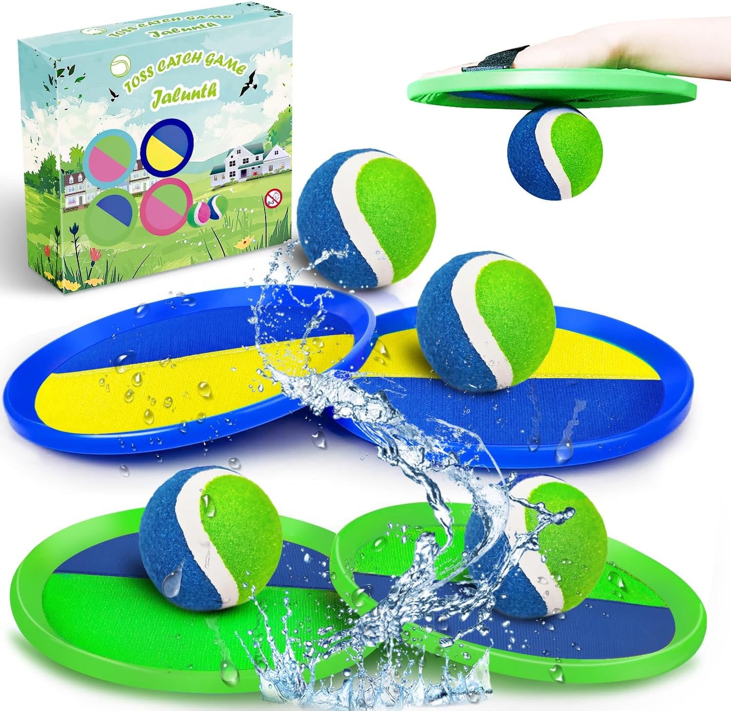 Jalunth Ball Catch Set Game Toss Paddle - Beach Toys Back Yard Outdoor Games Pool Backyard Target Throw Sticky Set Age 3 4 5 6 7 8 9 10 11 12 Years Old Boys Girls Kids Easter Gifts Green Blue 2 Pack