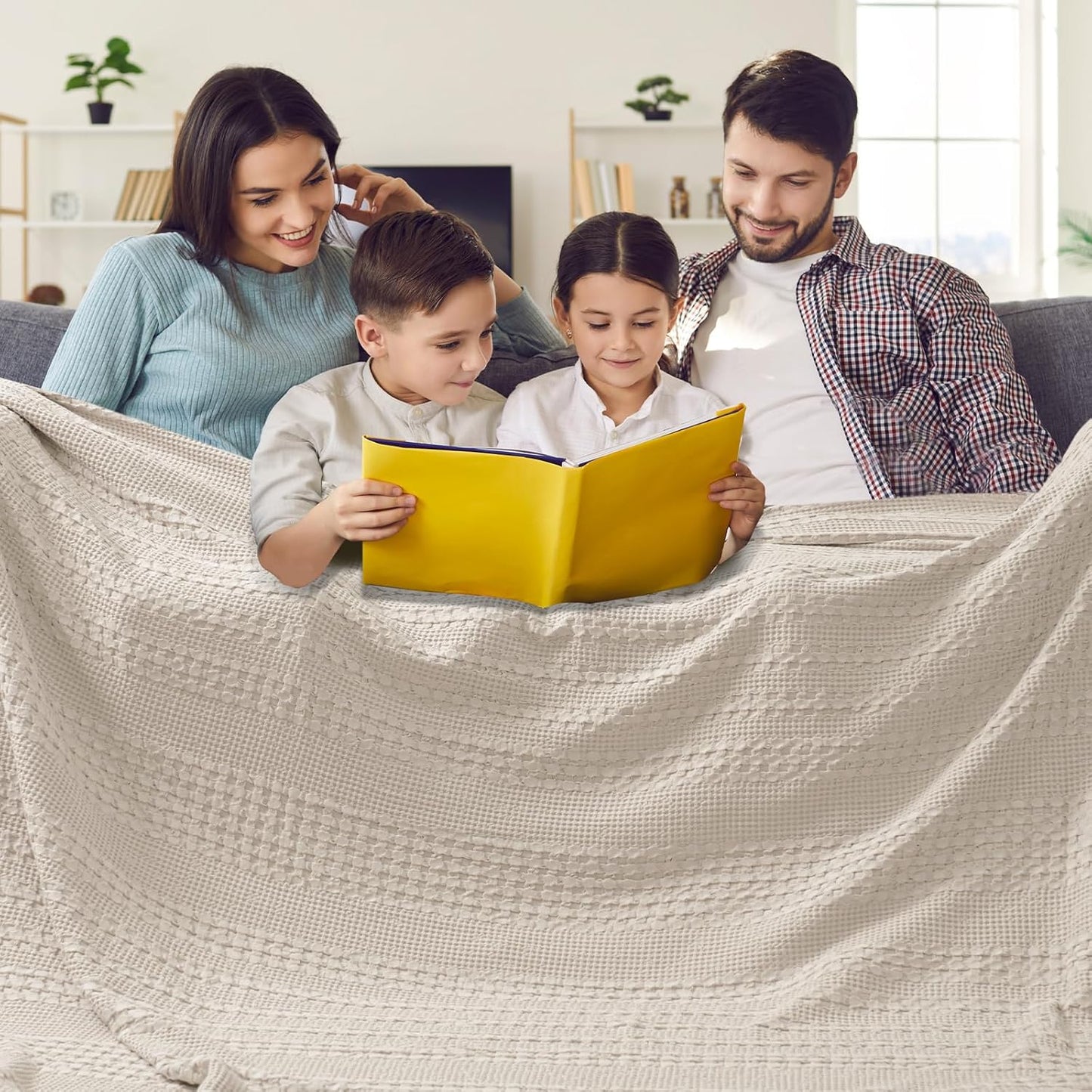 PHF 100% Cotton Waffle Blanket Oversized King 120"x120", Lightweight Breathable Extra Large 10'x10' Summer Blankets for Bed, Giant Big Luxury Aesthetic Woven Bedding for Home Decor, Oatmeal