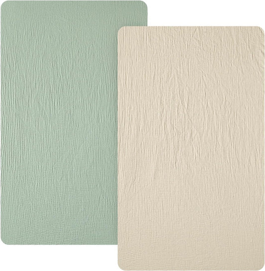 david's kids Muslin Mini Crib Sheets, 2 Pack Cotton Pack N Play Sheets for Boys Girls Neutral, Soft Breathable Baby Sheets Fit Pack N Play, Playard and Mini Crib Mattresses, Oat Milk & Sage Green