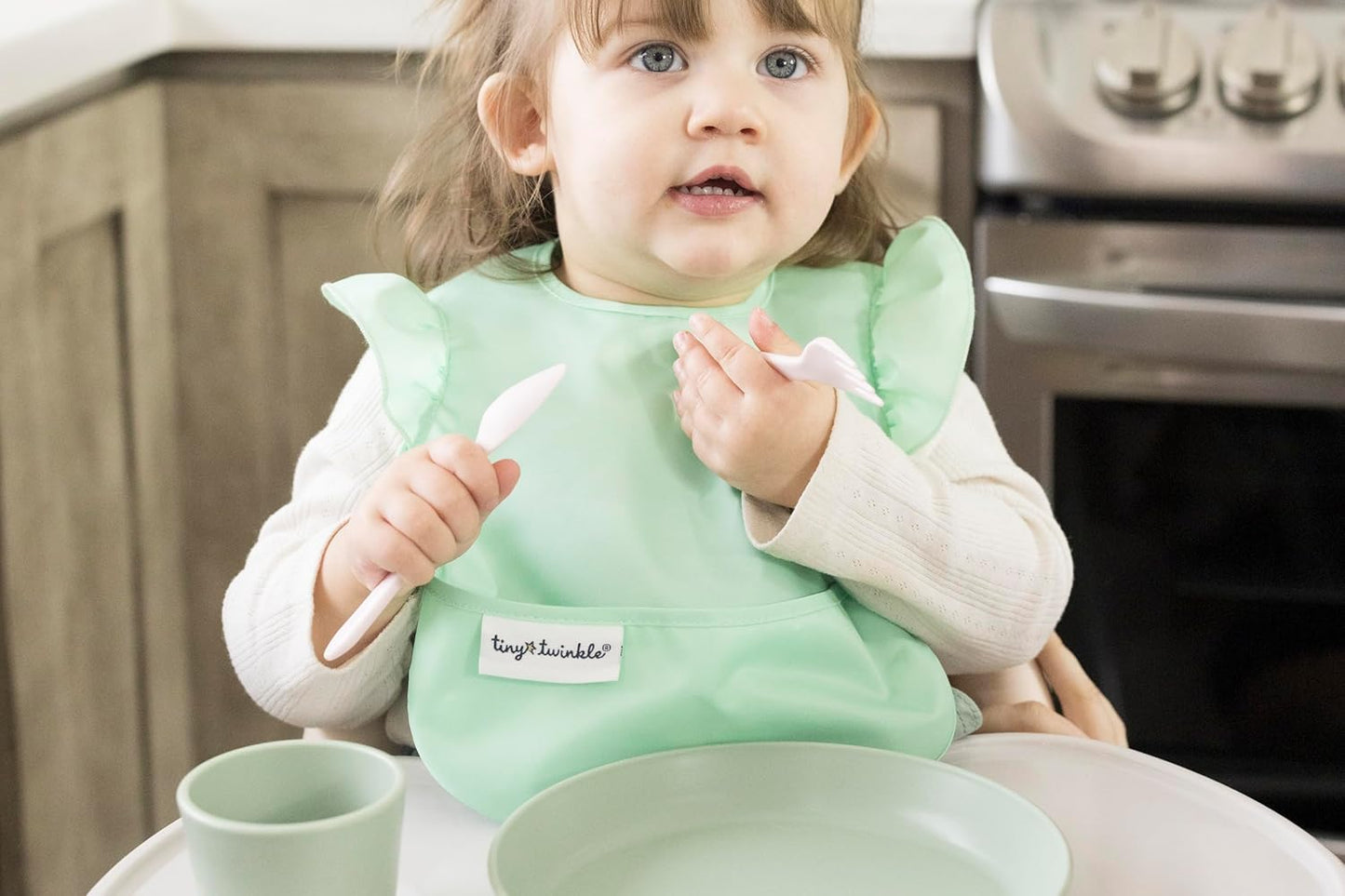 Tiny Twinkle Mess-Proof Baby Bib - Waterproof Bib for Baby Girl - Machine Washable - Adjustable Closure - PVC, BPA, & Phthalate Free - Great for Travel - Baby Food Bibs (3 Pack, Floral Pop)