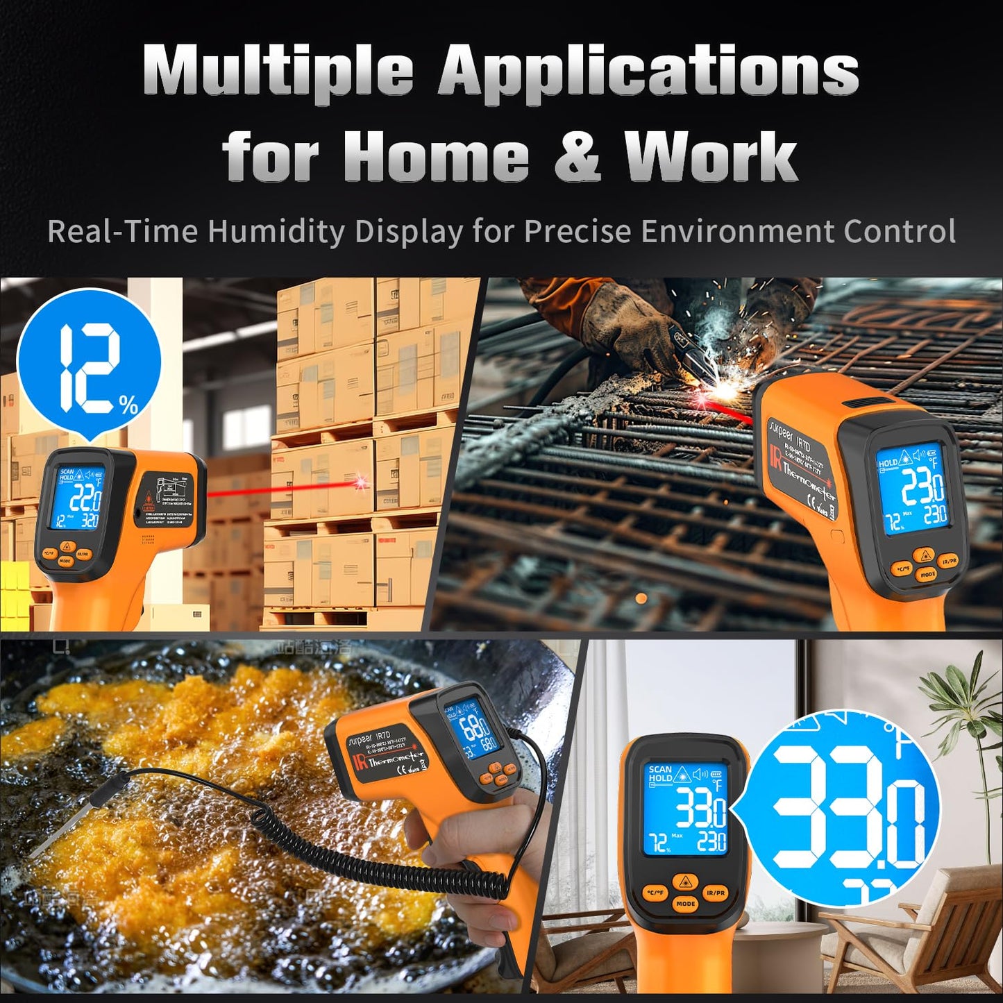 Dual-Mode Infrared Thermometer Gun，-58°F to 1472°F Laser Temp Gun, -58°F to 572°F K‑Type Probe with Humidity Display, 12:1 D:S