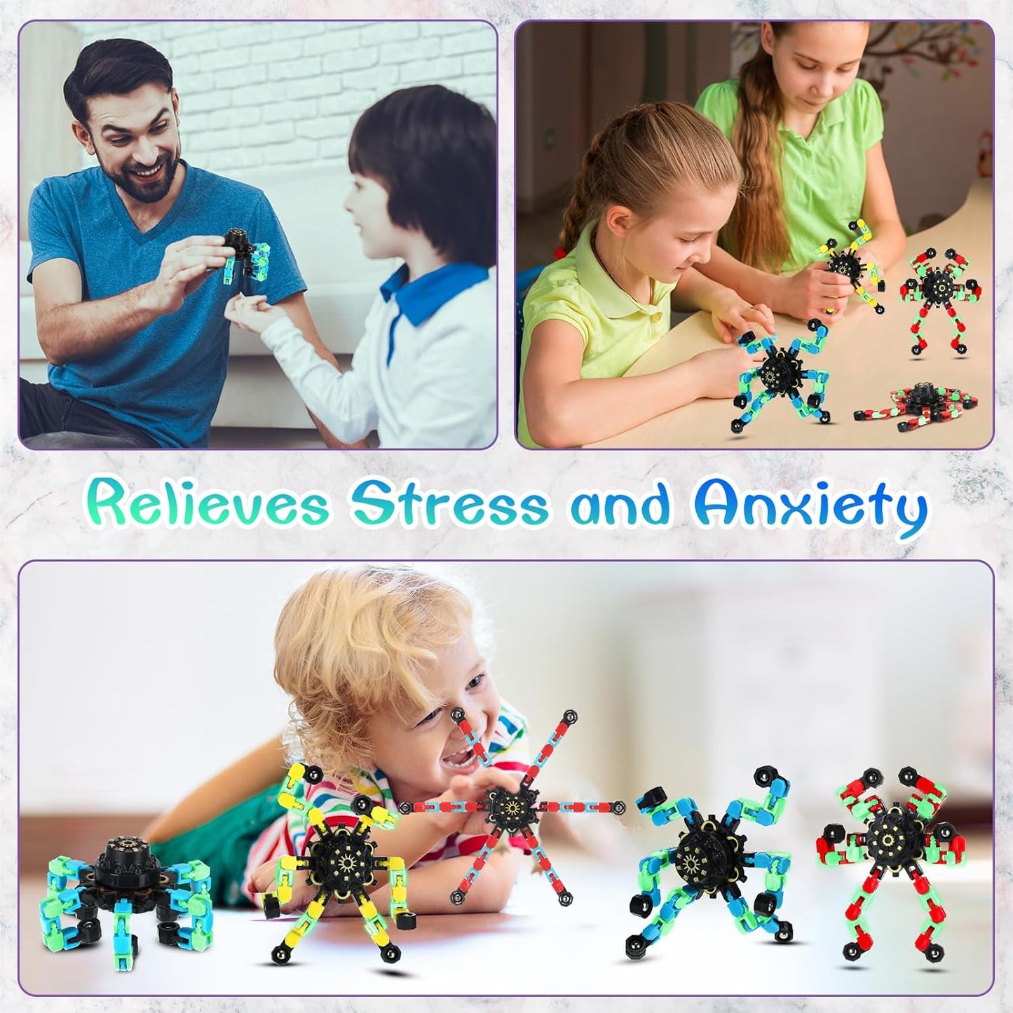 100 Pcs Funny Sensory Fidget Toy Bulk Transformable Chain Robot Finger Toys Fidget Spinners Stress Relief Fingertip Gyro Deformable Mechanical Spiral Twister Spinner Toy for Adult Kids ADHD (Glow)