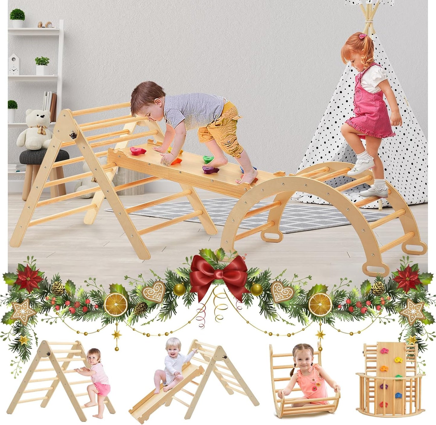FUNLIO Foldable Pikler Triangle Set (3 Piece), Montessori Climbing Set with Solid Wood for Toddlers 2-6 yrs, Adjustable 3-in-1 Indoor Play Gym with Arch/Slide/Climbing Rock/Triangle, Easy to Install