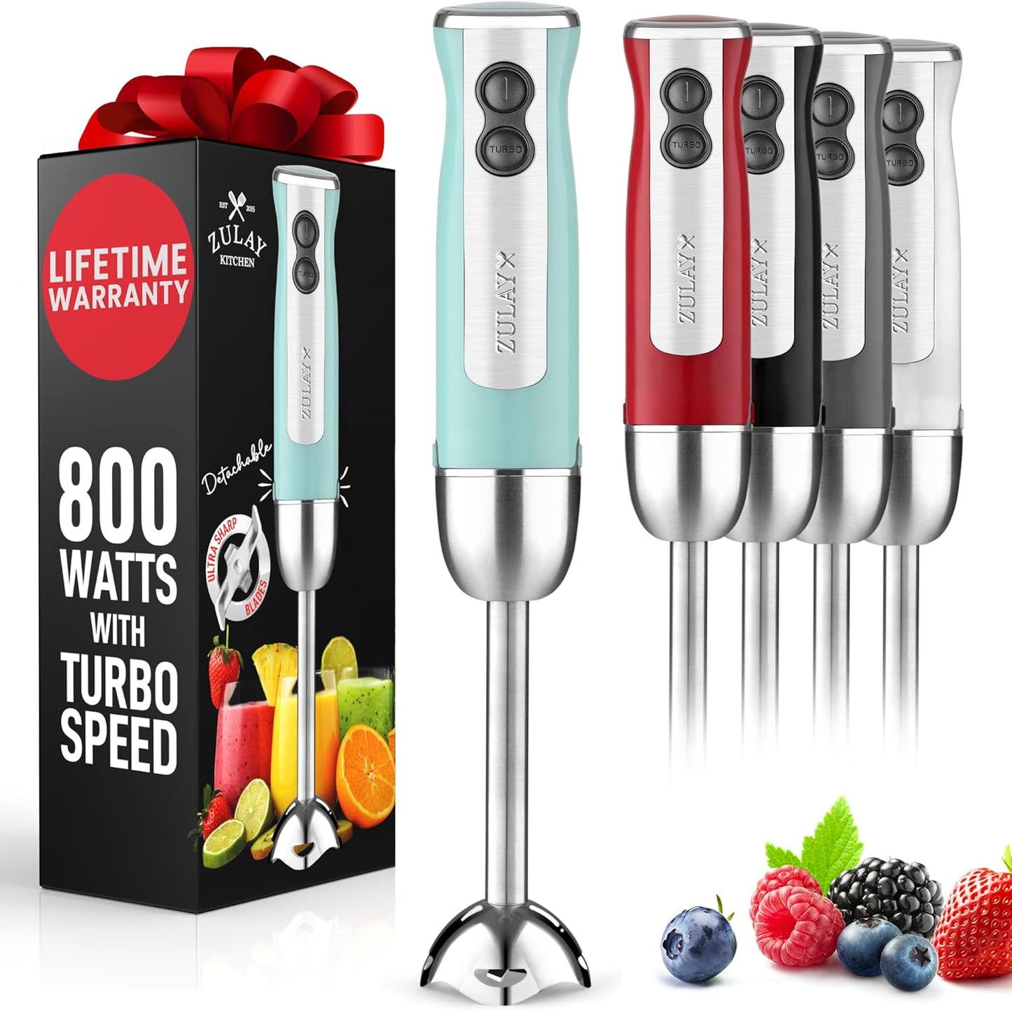 Zulay Immersion Stick Mixer Hand Blender - 800 Watts, Turbo Mode, 5-ft Power Electric Cord, Handheld Portable, Stainless Steel Blades - For Effortless Blending Smoothie, Soup, Baby Food, Puree - Aqua