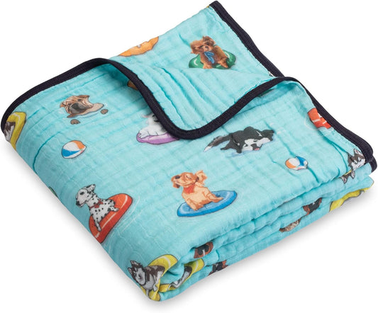 LollyBanks Muslin Blanket 100% Organic Cotton, Summer Muslin Quilt Lightweight, 6 Layers Baby Blankets 47"x 47", Toddler Blanket for Boy and Girl, Nursery Receiving Blankets (Swimming Dogs Print)