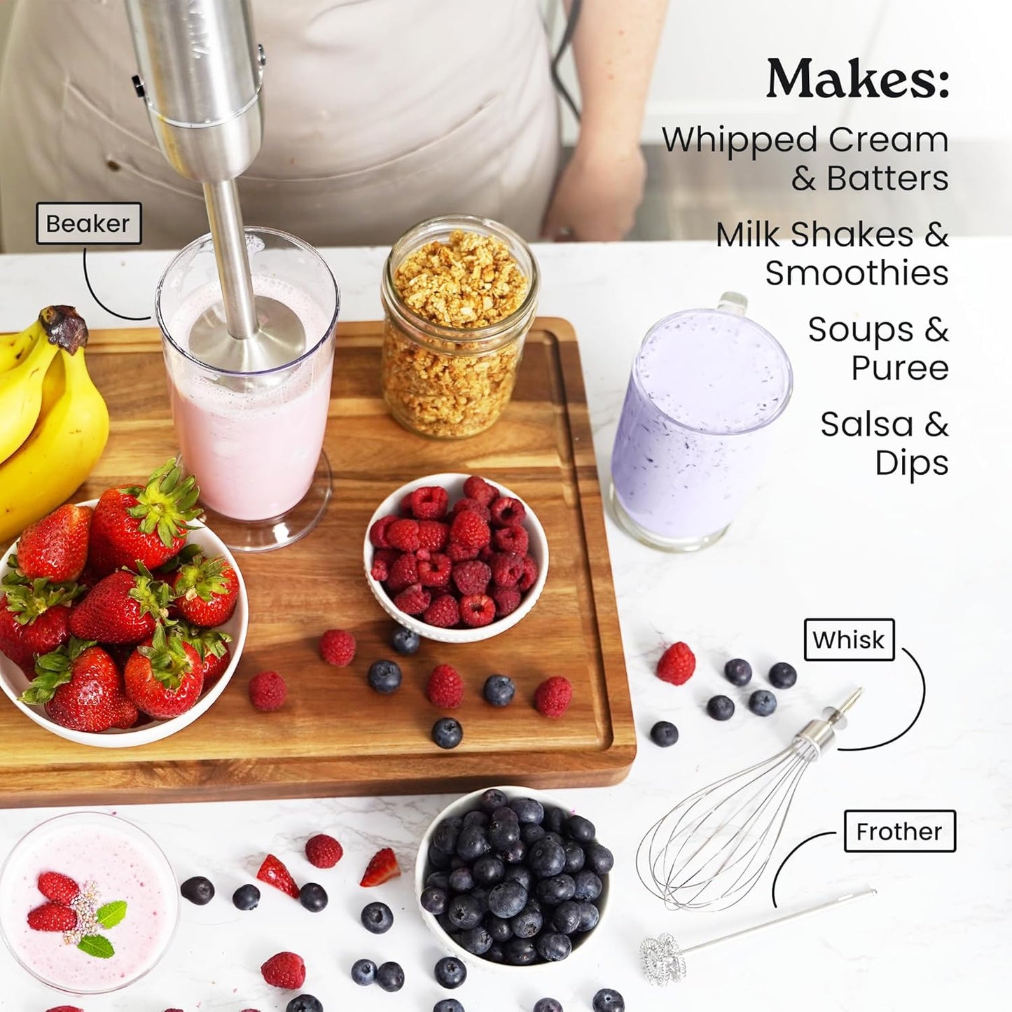 Zulay 4-in-1 Immersion Stick Mixer Hand Blender - 800 Watts, 12 Speeds, 5-ft Power Electric Cord, Handheld Portable, Stainless Steel Blades - With Whisk, Frother & Stick Blender Attachments - Black
