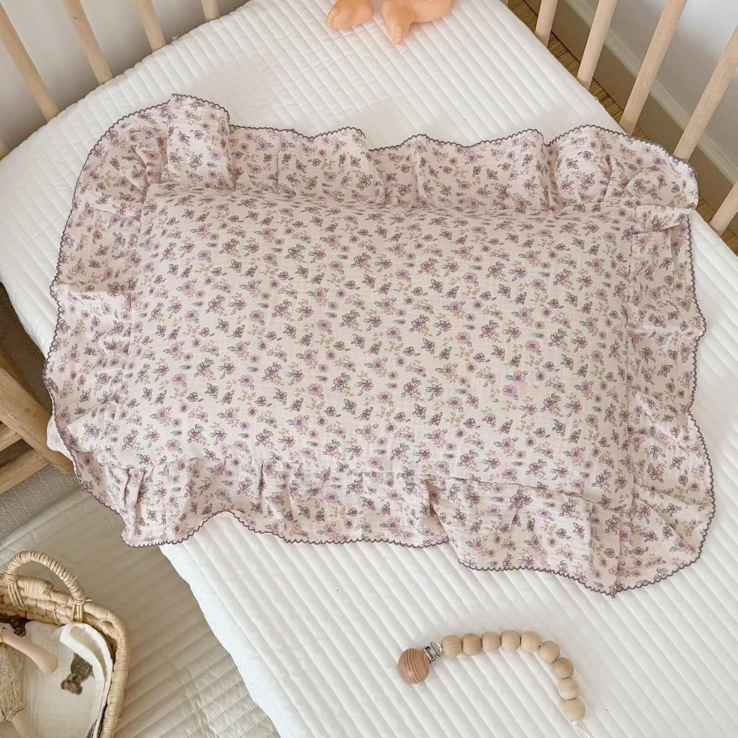 BuLuTu Purple Floral Muslin Cotton Toddler Pillowcases with Ruffles, 1 pc, 14"x20", Oeko-TEX Certified Gauze Muslin Pillow Cover for Girls Boys Crib Size Pillow Cases for All Seasons