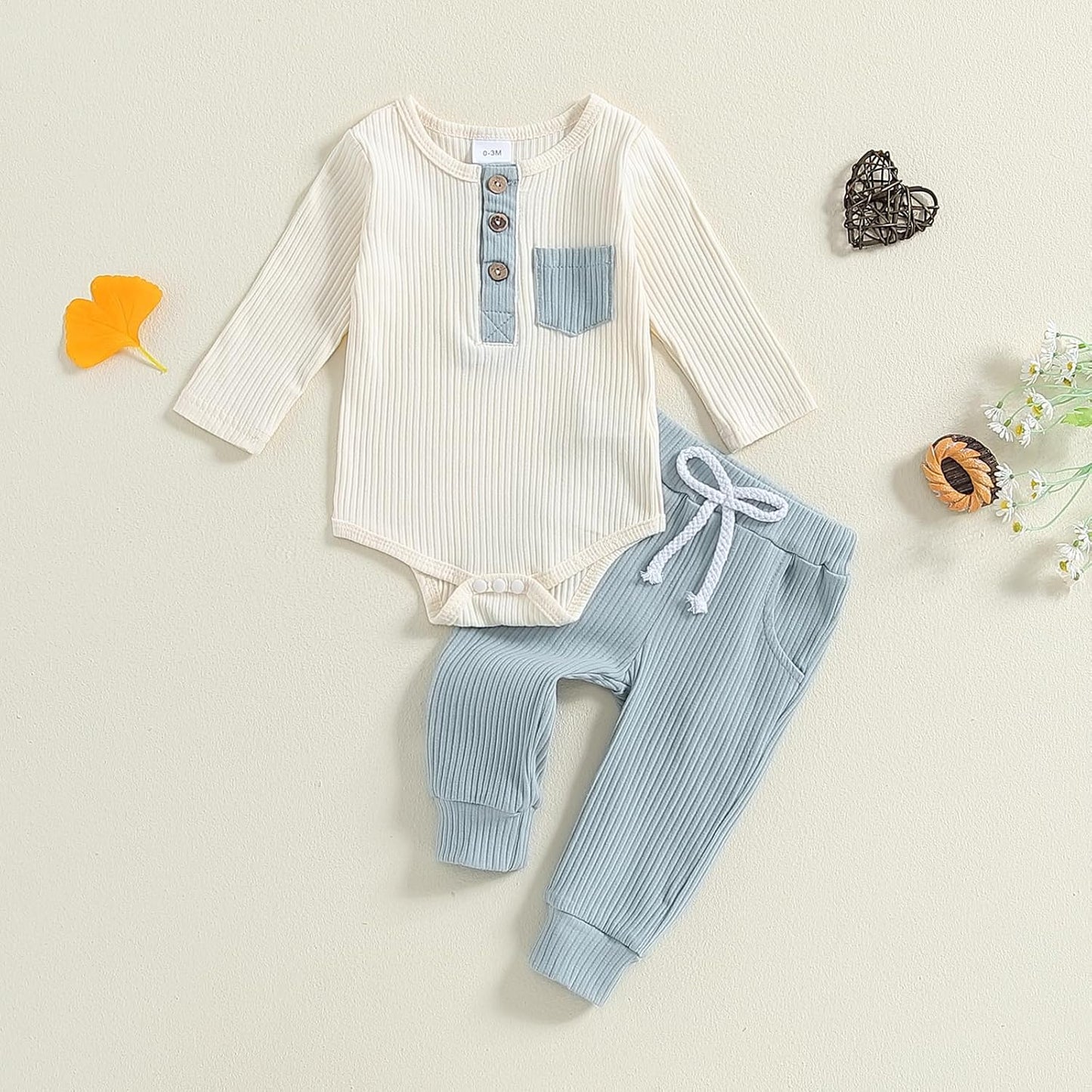 fhutpw Baby Boy Clothes 3 6 12 18 Months Ribbed Knitted Long Sleeve Romper and Pants Sets Newborn Fall Splicing Color Outfits