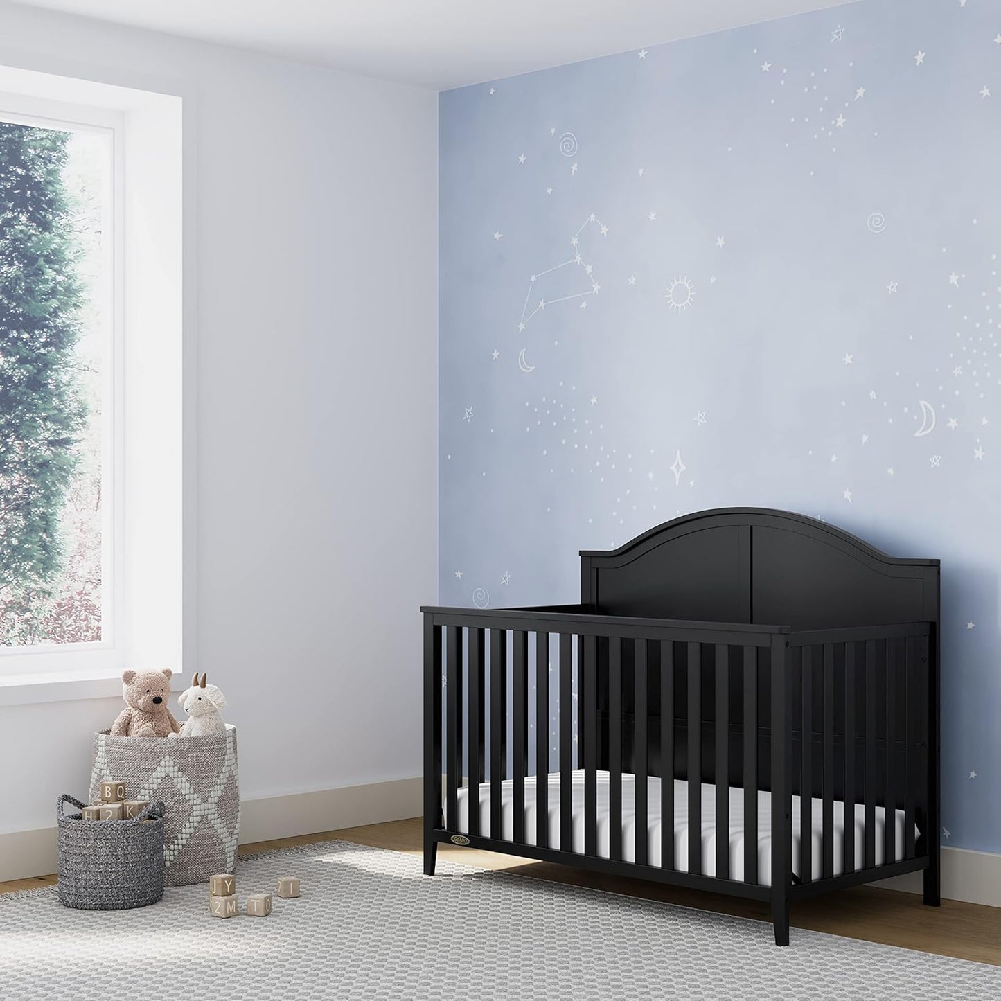 Graco Wilfred 5-in-1 Convertible Crib (Black) – GREENGUARD Gold Certified, Converts to Toddler Bed and Full-Size Bed, Fits Standard Full-Size Crib Mattress, Adjustable Mattress Support Base