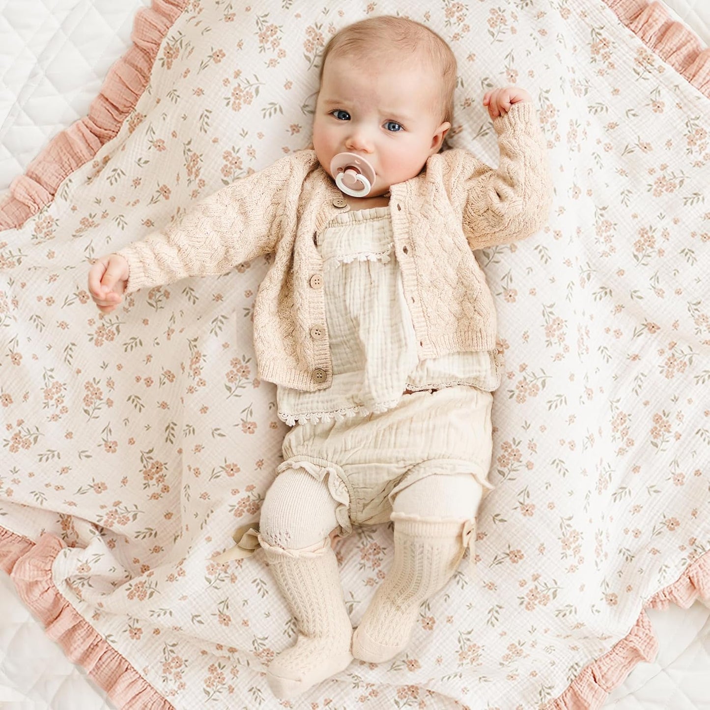 Konssy Flounce Muslin Baby Blankets, Cotton Crib Blanket for Baby Infant Toddler, Super Soft and Lightweight Nursery Blankets 40"x36" (Blossom)