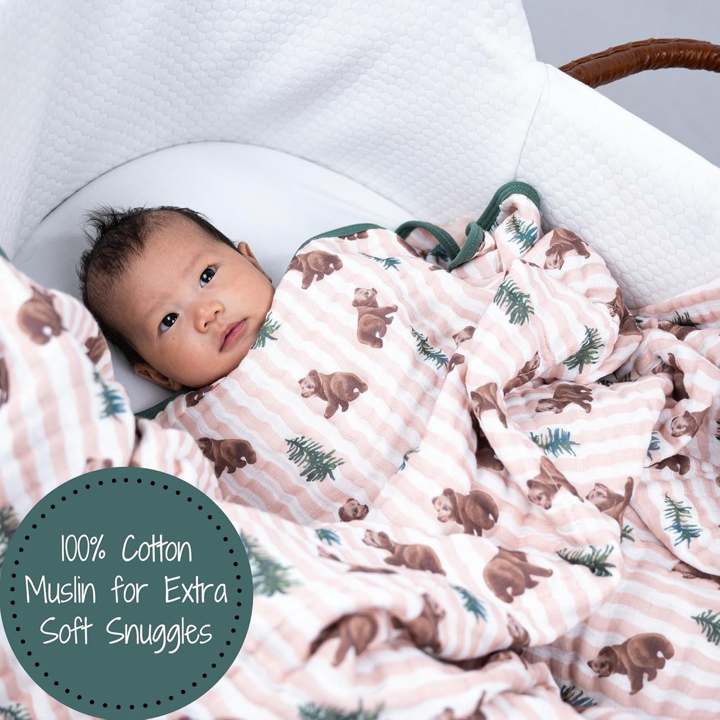 LollyBanks Muslin Baby Blanket 100% Organic Cotton, Muslin Quilt Lightweight, 6 Layers Soft Blanket Neutral, 47"x 47" Toddler Blankets for Girls and Boys, Nursery Receiving Blankets (Bear Print)