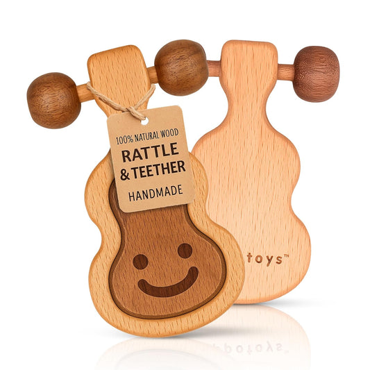 Wooden Teething Toys for Baby 0-6 Months – Organic Natural Non-Toxic Handmade Teether with Beads & Rattle for Soothing Relief – Montessori Sensory Toy for Babies, Infant Boy & Girl