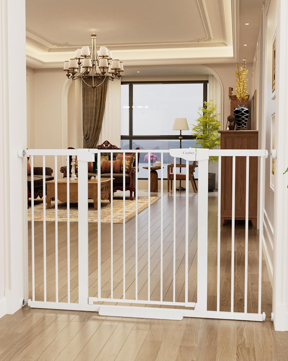 Cumbor 36" Extra Tall Baby Gate for Stairs, 29.7-54.2" Extra Wide Dog Gate for Doorways Hallways, Pressure Mounted Child Gate for Wide Opening, Auto Close Personal Safety for Babies and Pets, White