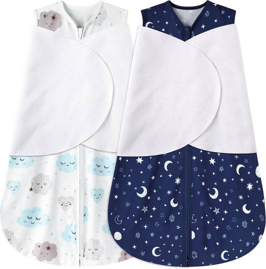 Newborn Sleep Sack Baby Swaddle,0-3 Months,3-Way Adjustable Wearable Blanket,100% Rayon Cotton Swaddling Sleeping Bag，TOG 0.5（Clouds&Starry Sky）