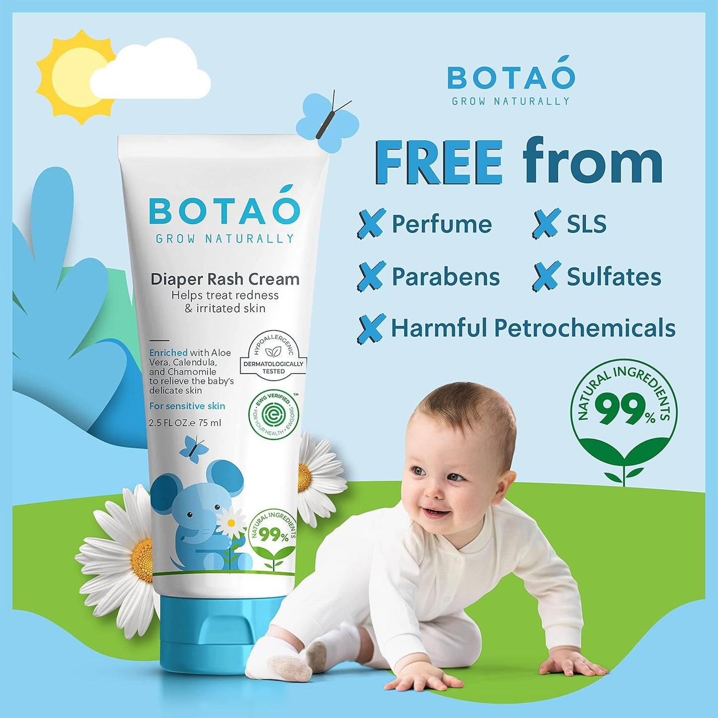 Baby's Natural Diaper Cream | Organic Diaper Cream EWG Verified | Naturally Soothes Baby Rashes | Baby zinc Ointment Natural | For Sensitive Skin with Aloe Vera & Calendula, 2.5Oz
