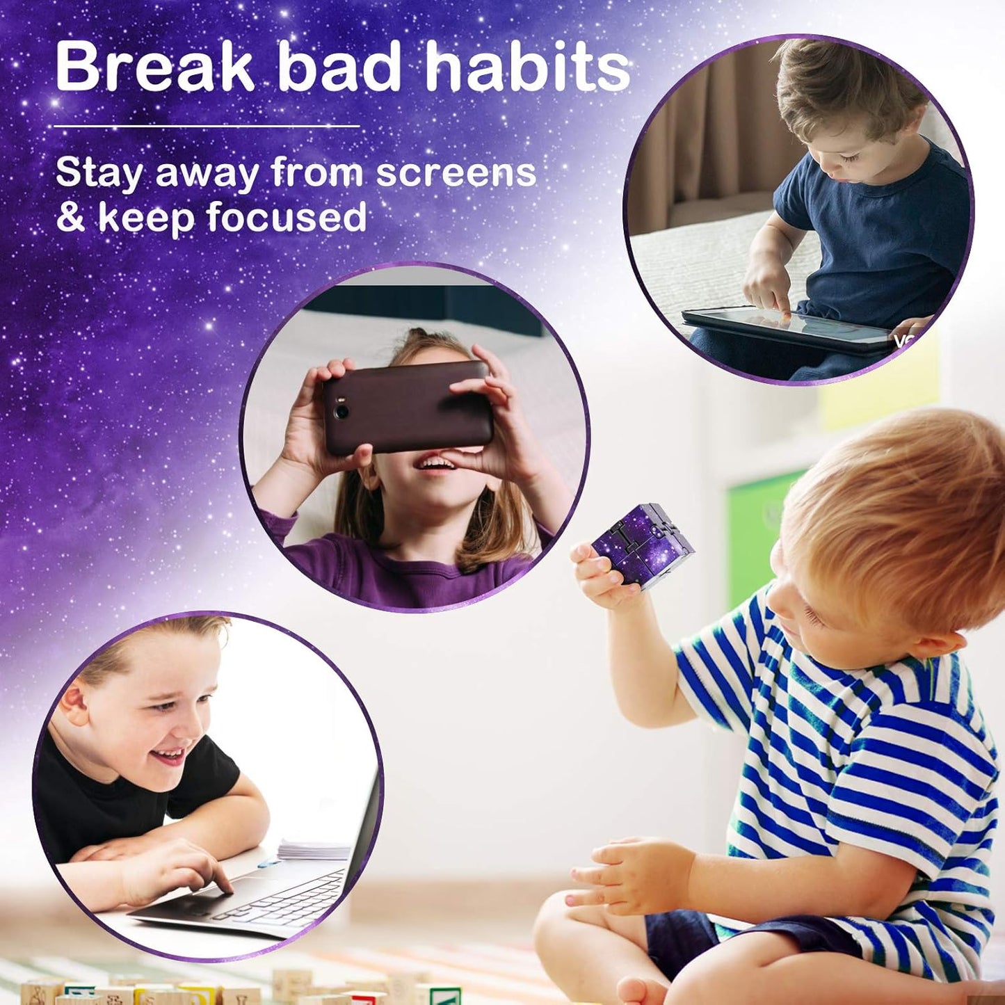 WUQID Infinitycube Fidget Toy Stress Relieving Fidgeting Game for Kids and Adults,Cute Pocket-sized Unique Gadget for Anxiety Relief and Kill Time (2, Blue & Purple Galaxy)