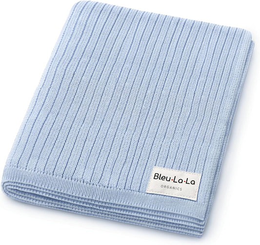 Organic Ribbed Swaddle Blanket for Boys & Girls - 100% Luxury Organic Soft Cotton Knit Warm Cozy Cuddle Stroller Crib Blanket for Newborns, Infants, & Toddlers (Sky Blue)