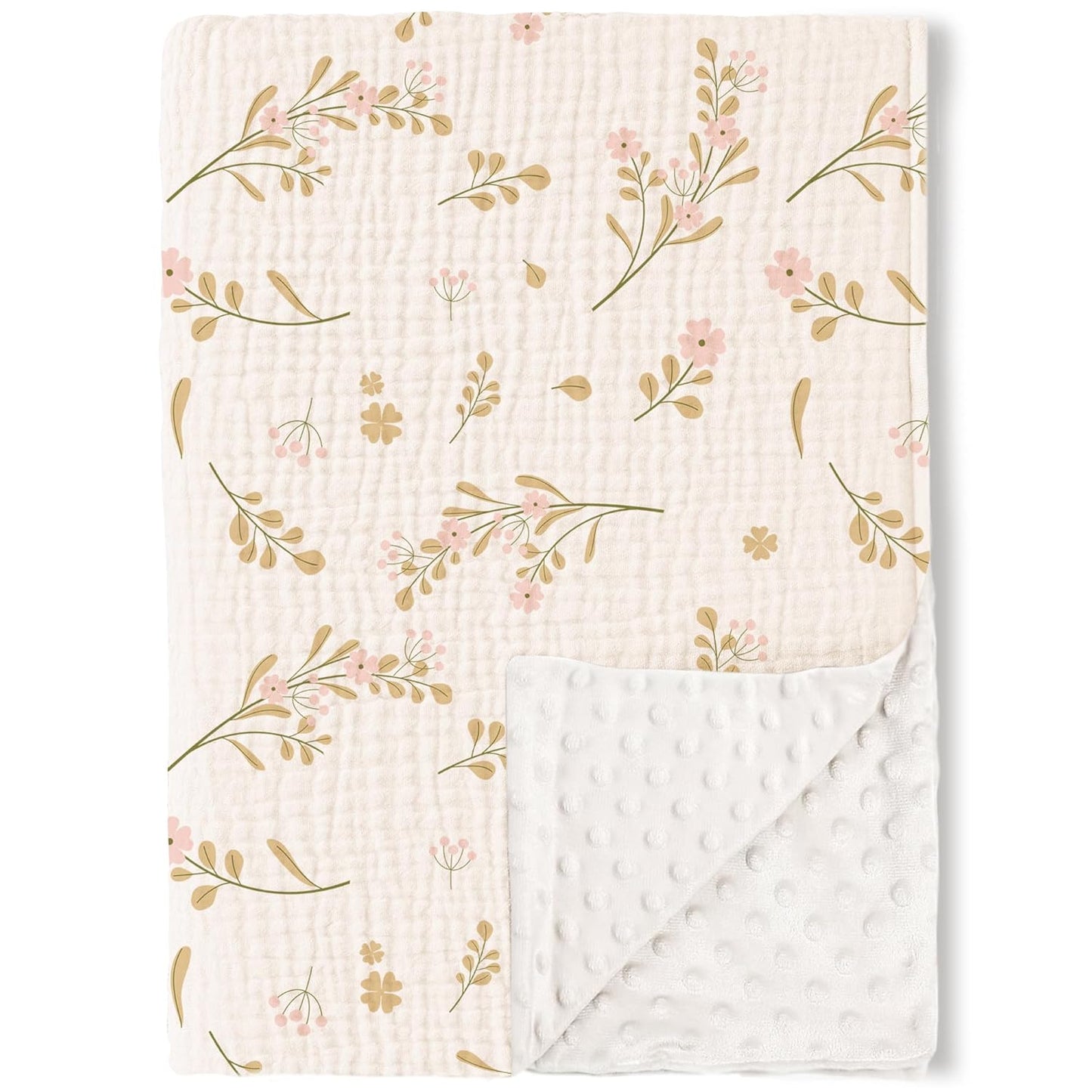 Konssy Baby Blankets for Unisex Boys Girls, Super Soft Nursery Minky Blankets with Muslin Cotton Front and Dotted Fleece Backing, Printed Bed Throws Newborn
