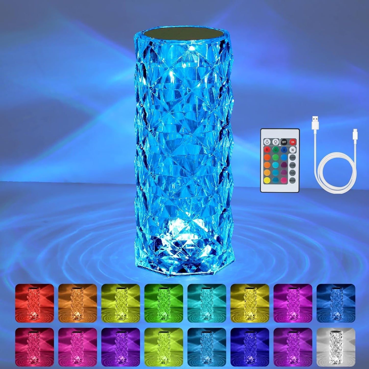 VoMii Crystal Lamp Touch, RGB 16 Colors Changing Night Light, Rechargeable Crystal Table Lamp Bedside Lamp, Rose Wave Diamond Night Light, Ambient Lighting for Bedroom/Game Room/Dinner/Living Room
