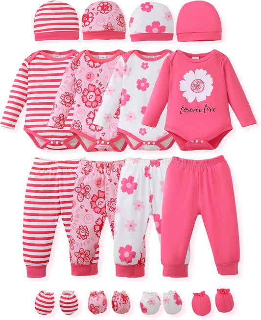 NZRVAWS Newborn Baby Boy Girl Clothes Unisex Infant Romper Pants Set Hat 4-Pack Outfits 0-12 Months 16 Pieces Toddler