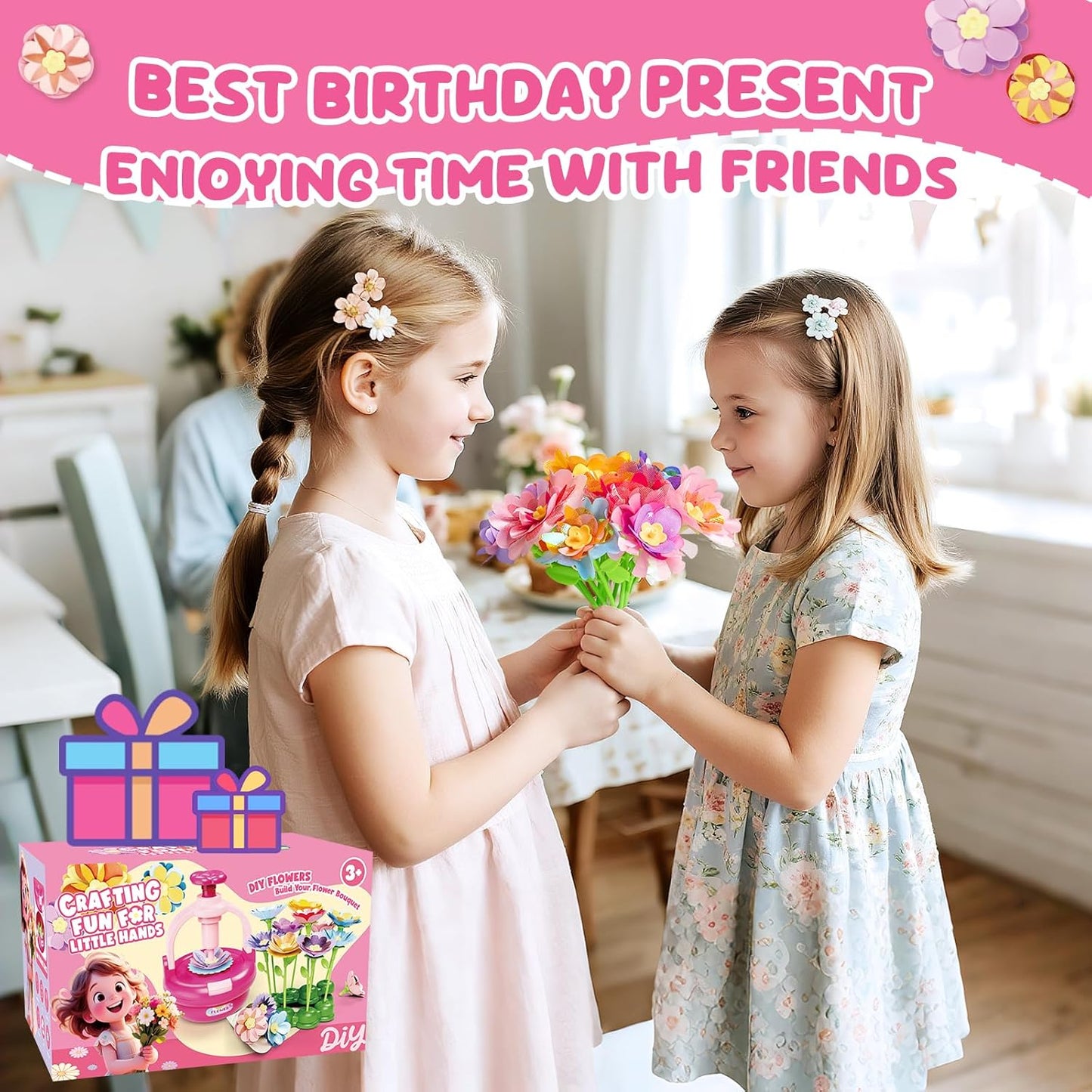 Einailvk Fabric Flower Bouquets Toys, DIY Flower Making Kit for Kids 3 4 5 6 7 8 9 10 11 12 Year Old Girl Birthday Christmas Gift, Art and Crafts Kit Toys for Girls 3-12 Year Old (Pink)