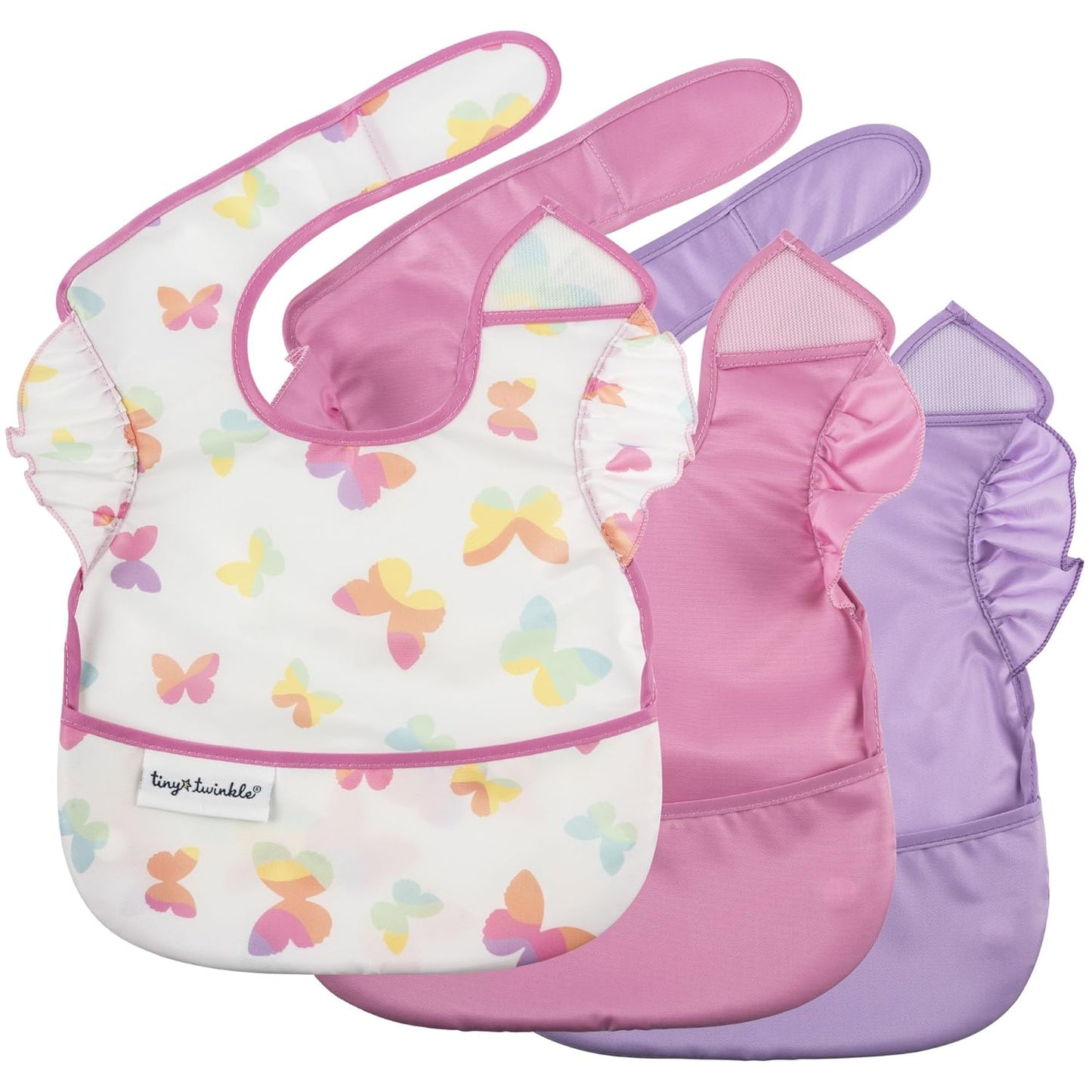 Tiny Twinkle Mess Proof Baby Bibs for Eating | Waterproof, Wipeable Toddler Bibs | Travel Friendly - PFAS, PVC, BPA, Phthalate Free | Baby Food Bibs (3-Pack, Butterfly)