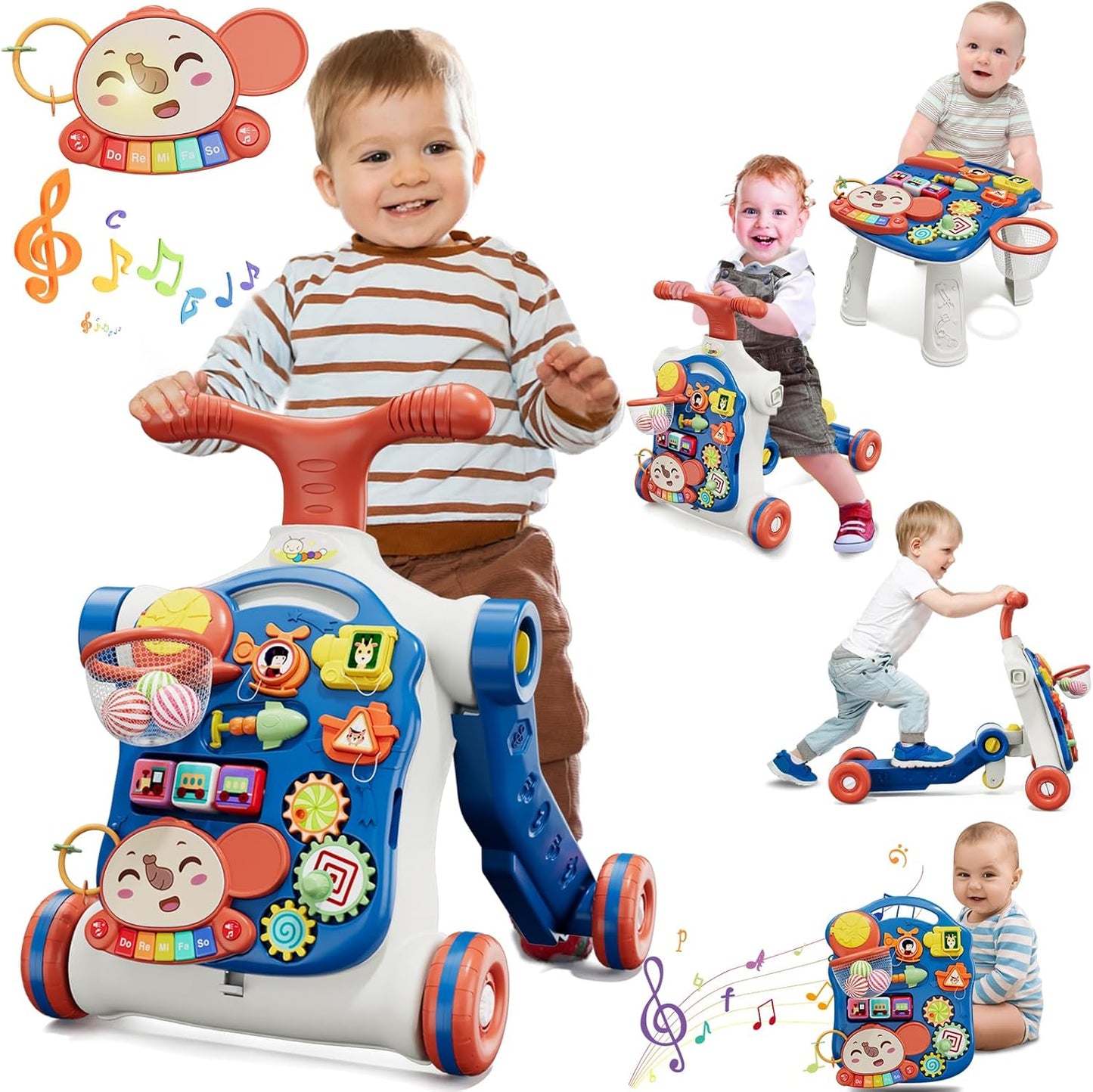 QDRAGON 5 in 1 Push Walkers for Baby Boys, Toddler Learning to Walk, Sit to Stand Walker, Early Learning Push Toy for Infant 12+ Months, Navy Blue