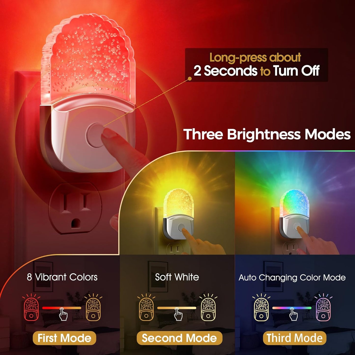 Night Lights Plug Into Wall [2 Pack], Color Changing Night Light for Kids, 8-Color RGB LED Nightlight with Dusk to Dawn Sensor for Bathroom Decor, Children Room, Gift, Silver Cover