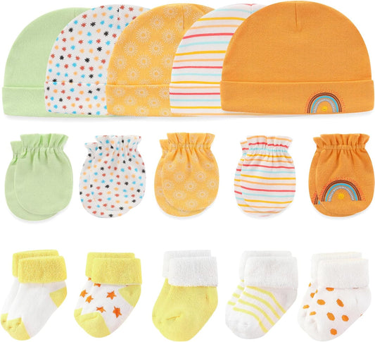 Newborn Baby Boy Girl Caps Mittens Socks Set Cotton Baby Essentials Accessories (Hats+Gloves+Socks)
