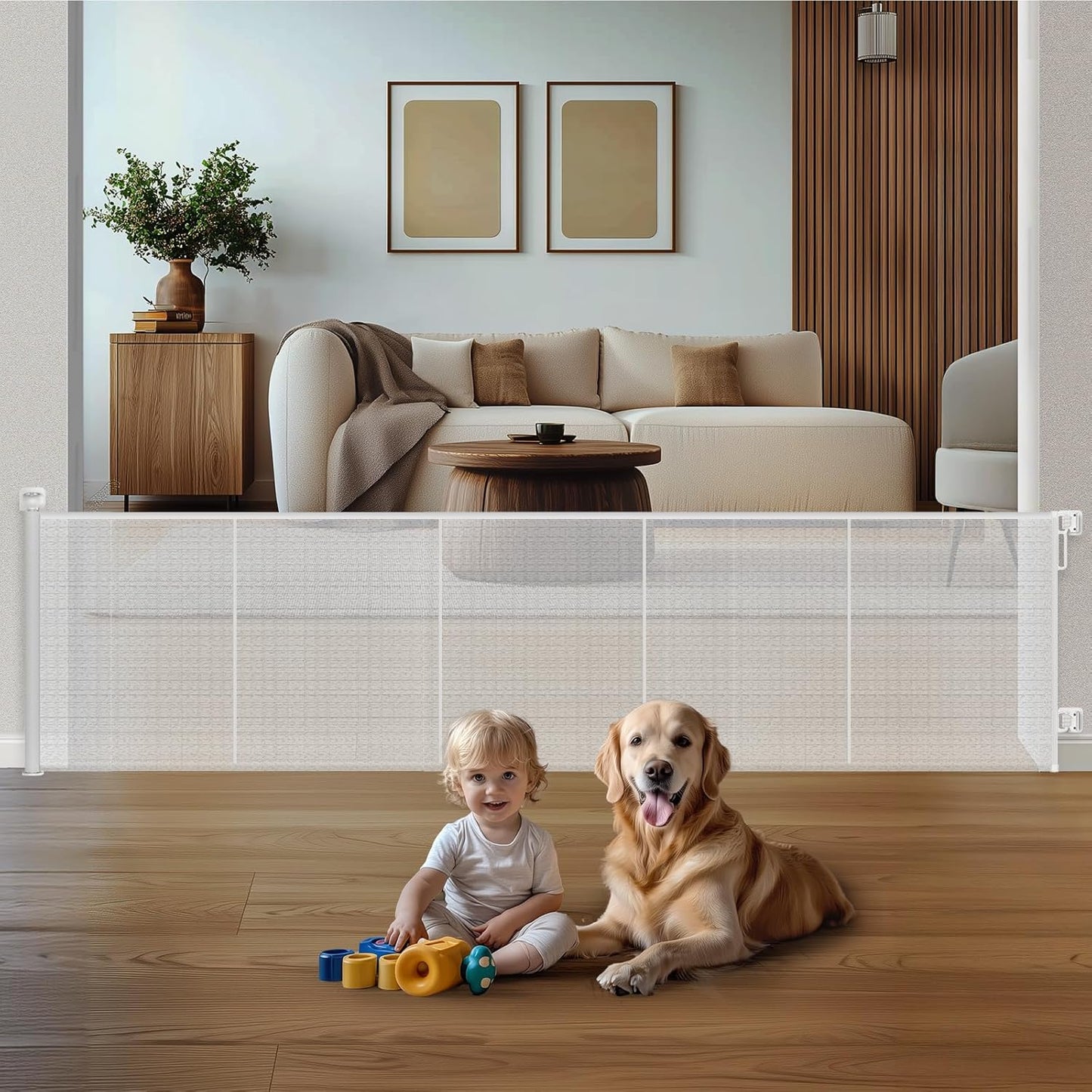 HOMEAL 120inch Retractable Baby Gate Extra Wide, Large Openings Safety Baby Gate, Long Retractable Mesh Dog Gate for Stairs, Doorways, Hallways, Indoor, Outdoor(White, Width Up to 120")