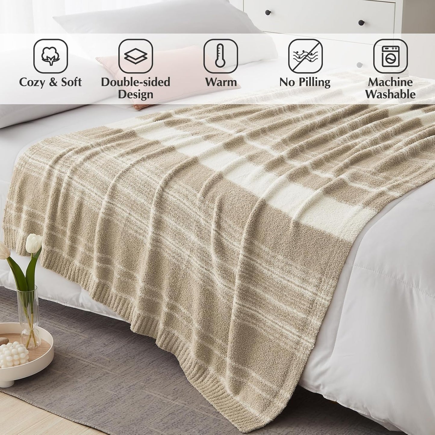 WRENGONGE Khaki Throw Blanket, 60x80 Soft Cozy Striped Throw Blankets for Couch, Sofa, Bed, Travel, Lightweight Fluffy Warm Plush Decorative Blankets for Women, Men,Kids Gift