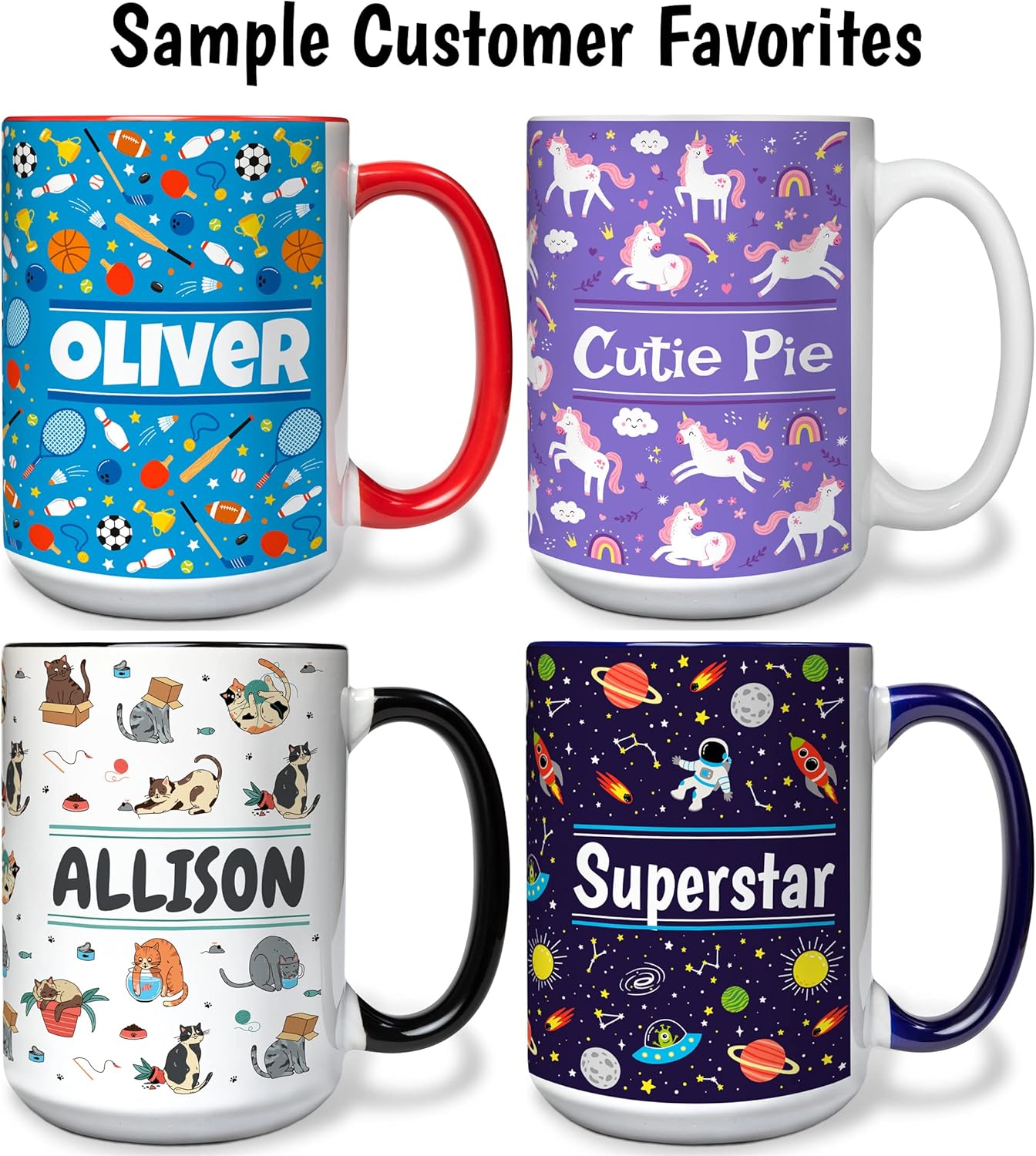 Personalized Mug for Kids - Christmas - Custom Name/Text, Ceramic Hot Chocolate/Cocoa/Coffee Cup for Boys/Girls, Holiday/Birthday Gift - 15 oz, Red Handle