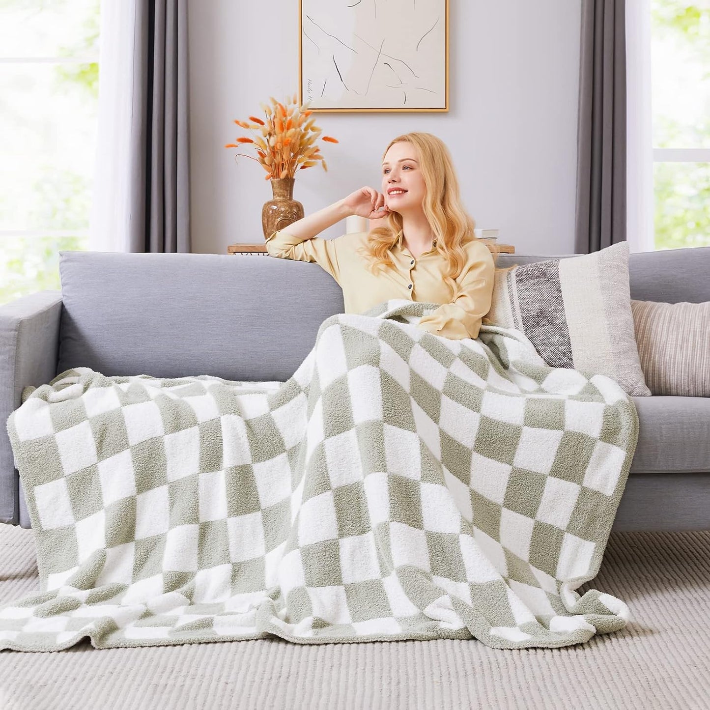 WRENSONGE Checkered Throw Blanket, Sage Green Soft Cozy Fluffy Warm Hand Made Throw Blankets for Couch, Sofa, Chair, Bed, Camping, Picnic, Travel Lightweight Bed Blanket - 90"*108"
