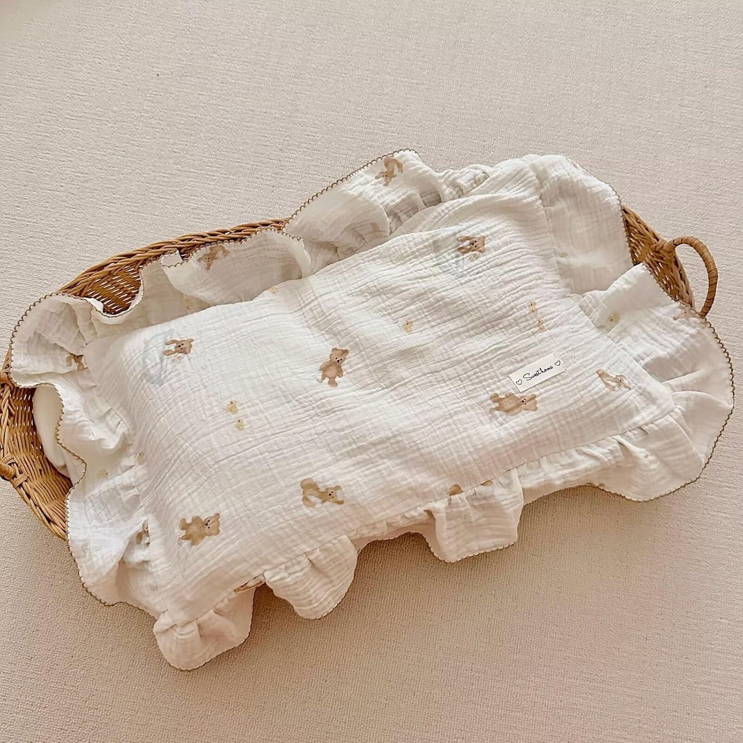 BuLuTu Cute Bear Toddler Pillowcases Muslin Cotton, Breathable Soft Kids Pillow Case 14"x20", Baby Boys Girls Pillow Covers, Bathing Bear Pattern, Nursey Bedding Decor