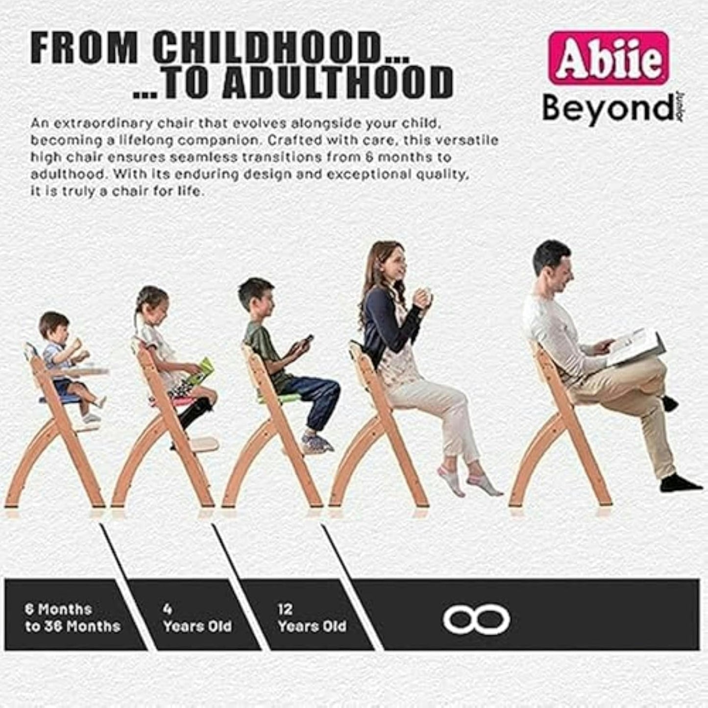 Abiie Beyond Junior Wooden High Chair with Tray - Adjustable and Convertible High Chair for Babies and Toddlers - 6 Months to 250 Lb - Water Resistant - Natural Wood/Blueberry Cushion