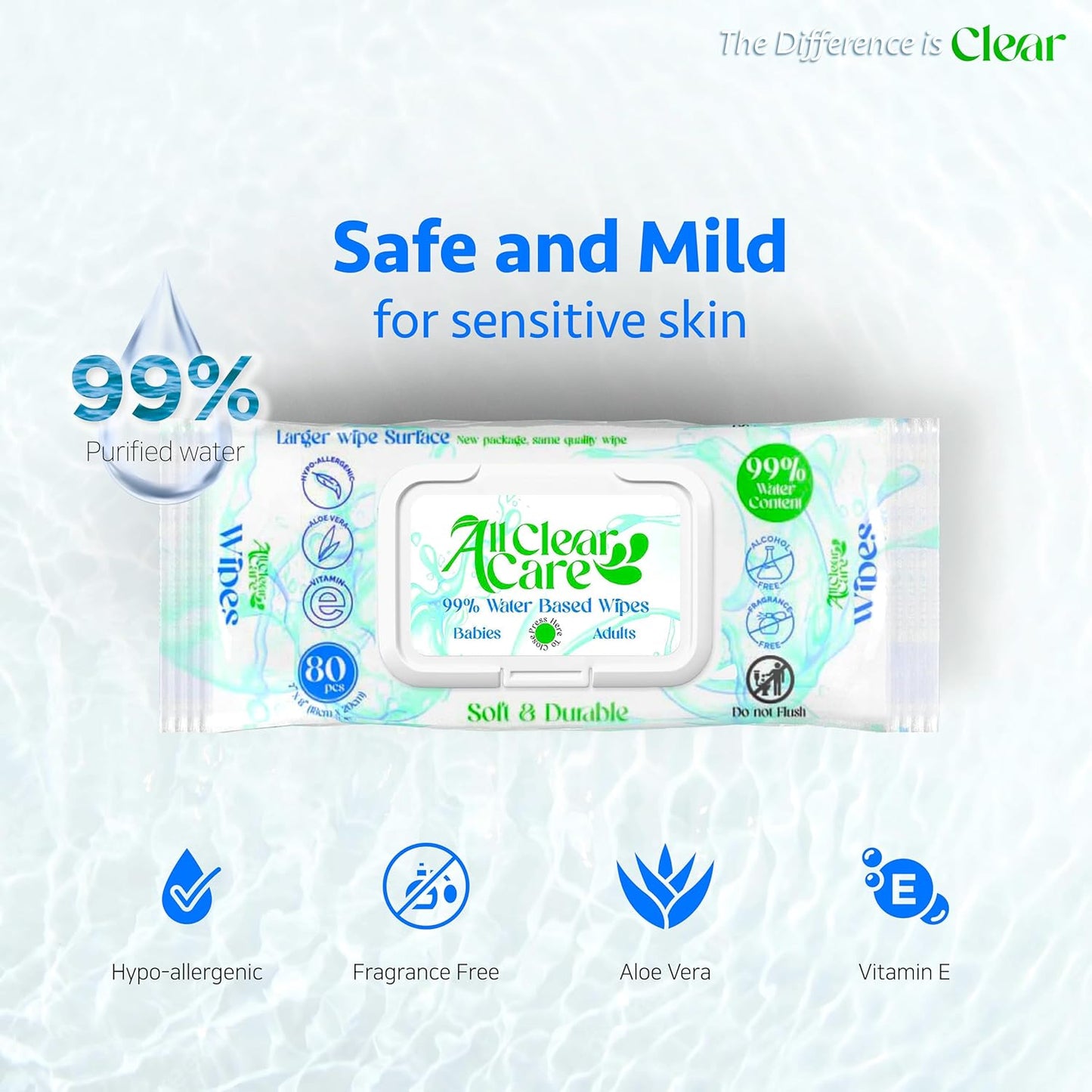 Baby Wipes, Unscented Wipes for Sensitive Skin, Large Soft Durable & 99% Water Based, Gentle & Hypoallergenic for Babies & Adults, Vitamin E and Aloe, Flip Top Lid, 3 Pack (240 Wipes)