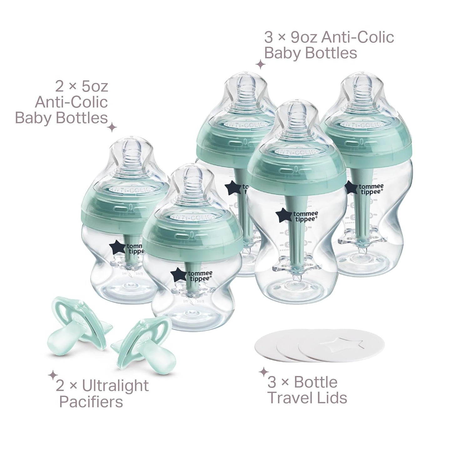 Tommee Tippee Advanced Anti-Colic 10 Piece Bottle and Pacifier Set, 5 and 9 oz BPA Free Bottles, Newborn 0+ months, Slow & Medium-Flow Breast-Like Nipples, 3 Travel Bottle Lids, 2 Ultralight Pacifiers