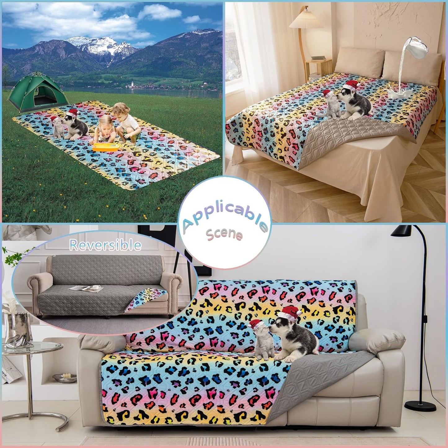 Waterproof Dog Bed Cover 102x82inch Reversible Pad Reusable Camping Mat for Kids/Pet/Dog/Cat Washable Geometric Embroidery Blanket Patchwork Rainbow Leopard Printed+Gray