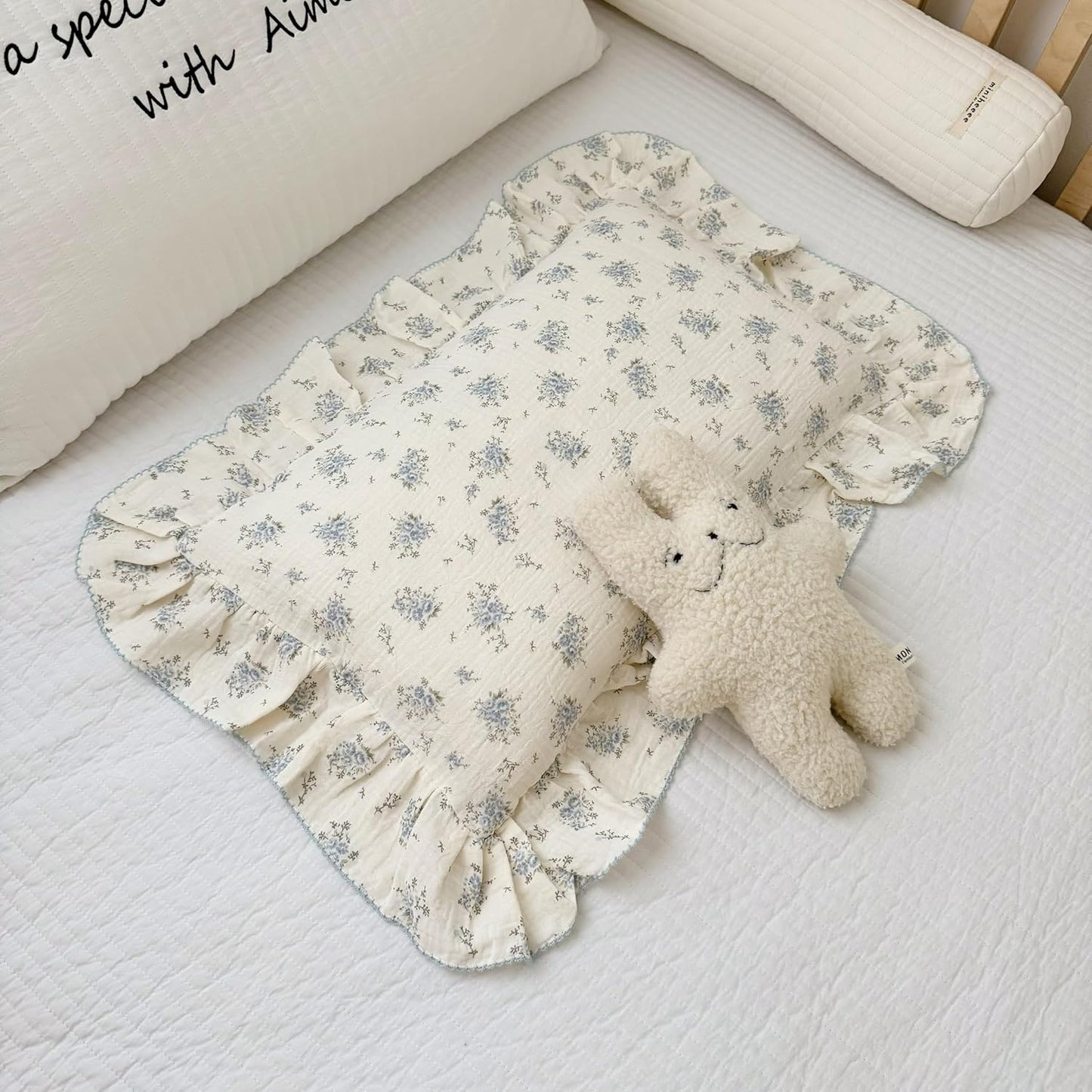 BuLuTu Muslin Cotton Kids Pillowcases for Girls Boys Shabby Chic Blue Floral Print Pillow Case Beige Toddler Pillowcases Standard Size Pillow Cover with Ruffles, 20"x26", 1 pc