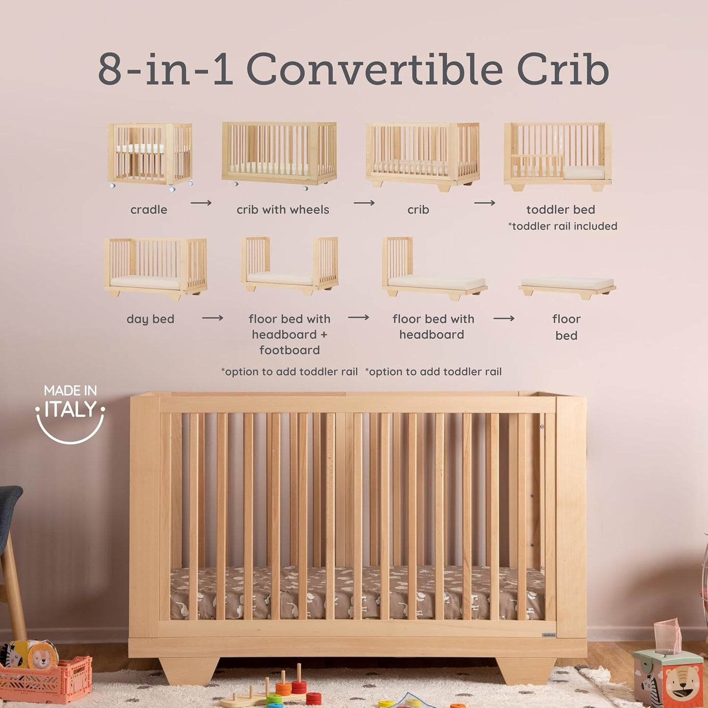 dadada Spirit 8 in 1 Convertible Crib to Toddler Bed & Floor Bed, Made in Italy, Greenguard Gold Certified, Adjustable Mattress Heights (Natural)