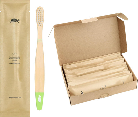 Sea Turtle Plant-Based Bristles, Soft Bamboo Toothbrushes, Individually Sealed for Kids (10 Pack)