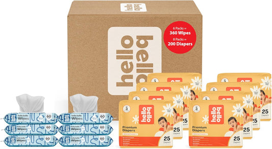 Hello Bello Mega Surprise Pack, Size 3 (14-24 lbs), 200ct Hypoallergenic Assorted Diapers with a Soft, Cloth-Like Feel Plus 360 Ultra Gentle Unscented Baby Wipes in 6 Resealable Packs