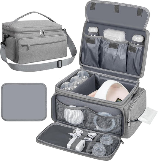 Breast Pump Bag for Spectra S1 S2 with Waterproof Mat, Breast Milk Cooler Bag for Pump Essentials, Pumping Bags for Working Mom Travel Camping, Grey