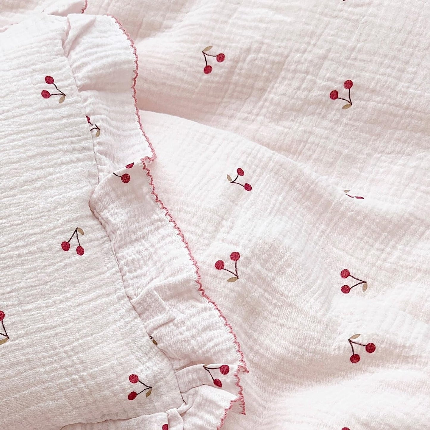 BuLuTu Cotton Muslin Kids Toddler Pillowcase Cherry Pattern, Soft Travel Pillow Ruffle Edge Nursery Pillow Case for Boys Girls, Bedding Decor, Durable Pillowcases 14"x20", 1 Piece